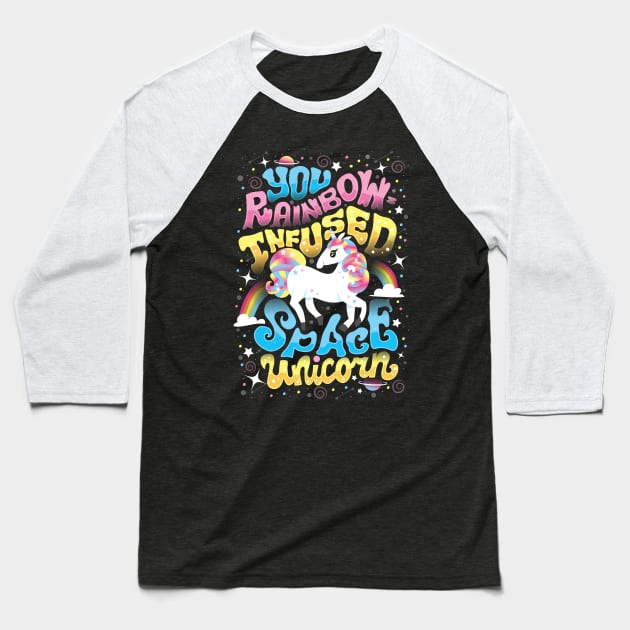 Rainbow-infused Space Unicorn Baseball T-Shirt by risarodil